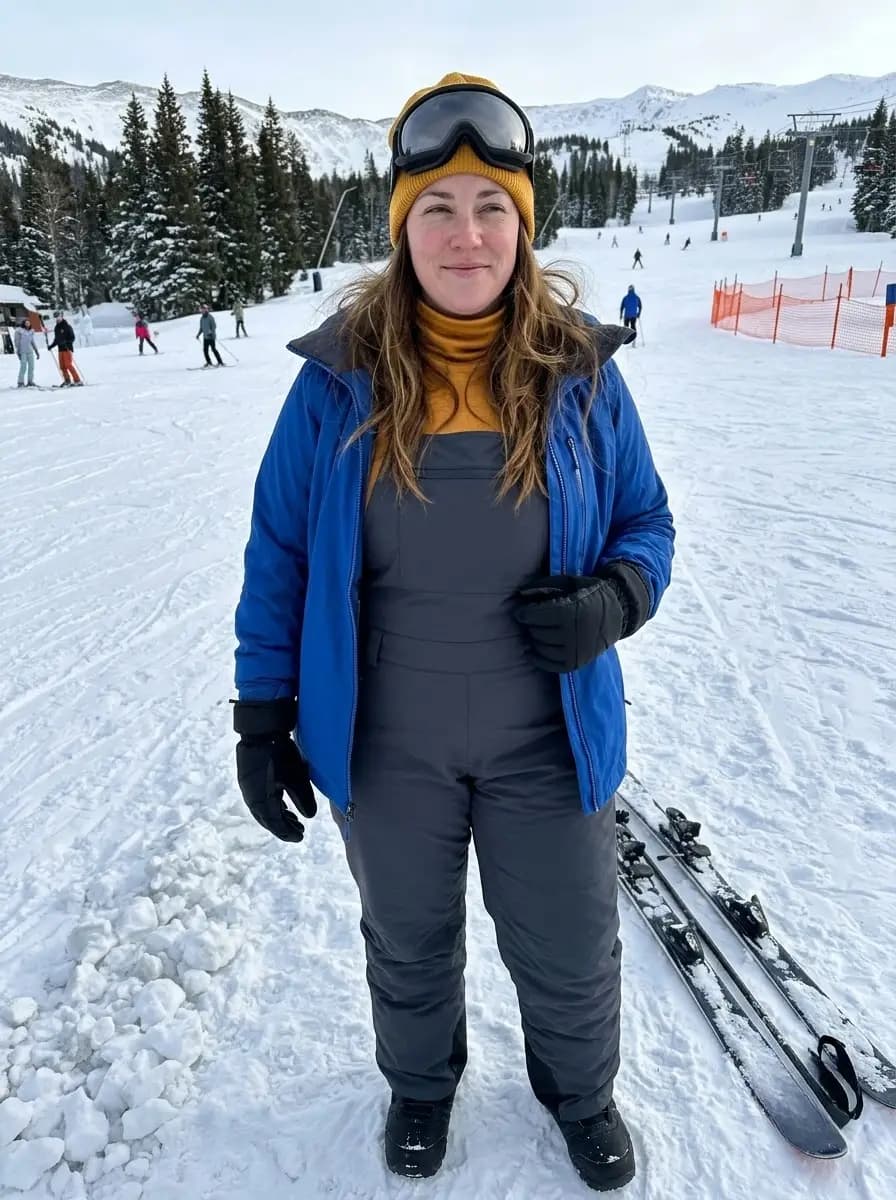 Blue Ski Jacket with Yellow Turtleneck & Grey Snow Overalls