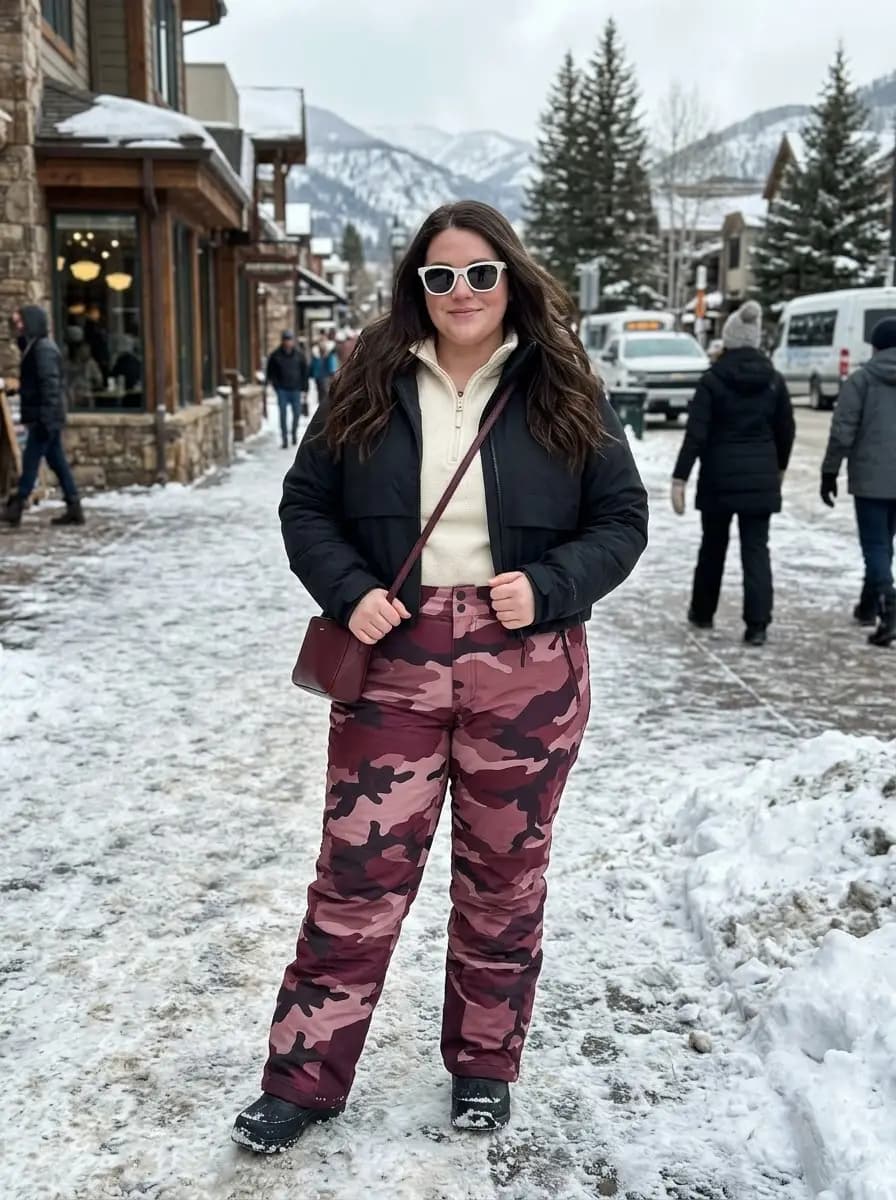 Black Puffer Jacket with Cream Half-Zip & Pink Camouflage Snow Pants