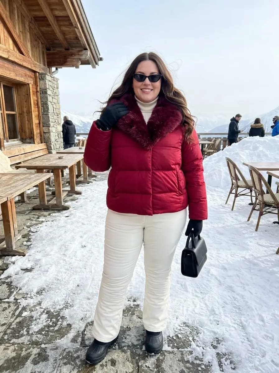 Red Puffer Jacket with Cream Turtleneck & Cream Snow Pants