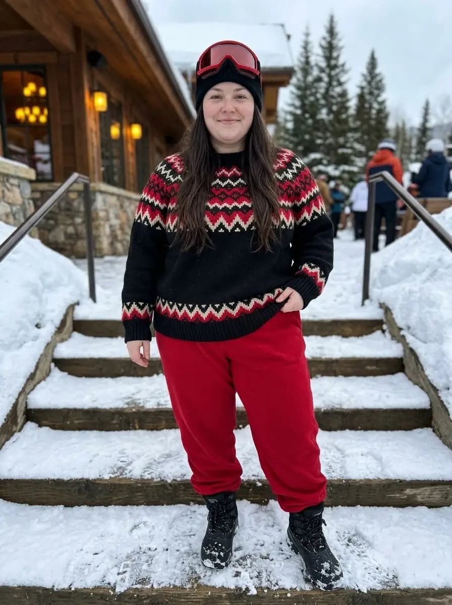 Black Fair Isle Sweater with Red Fleece Sweatpants