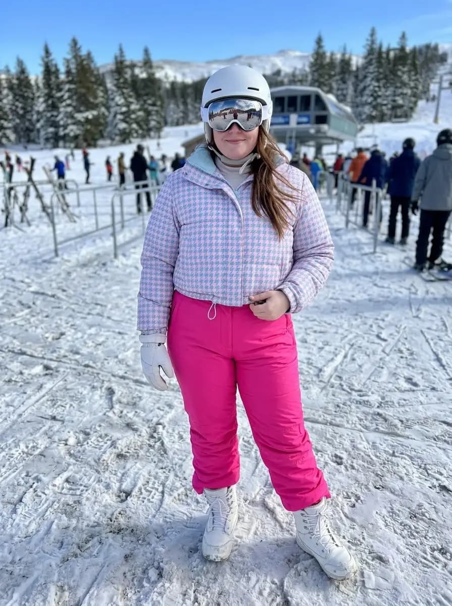 Light Blue Houndstooth Cropped Puffer Jacket with Pink Snow Pants