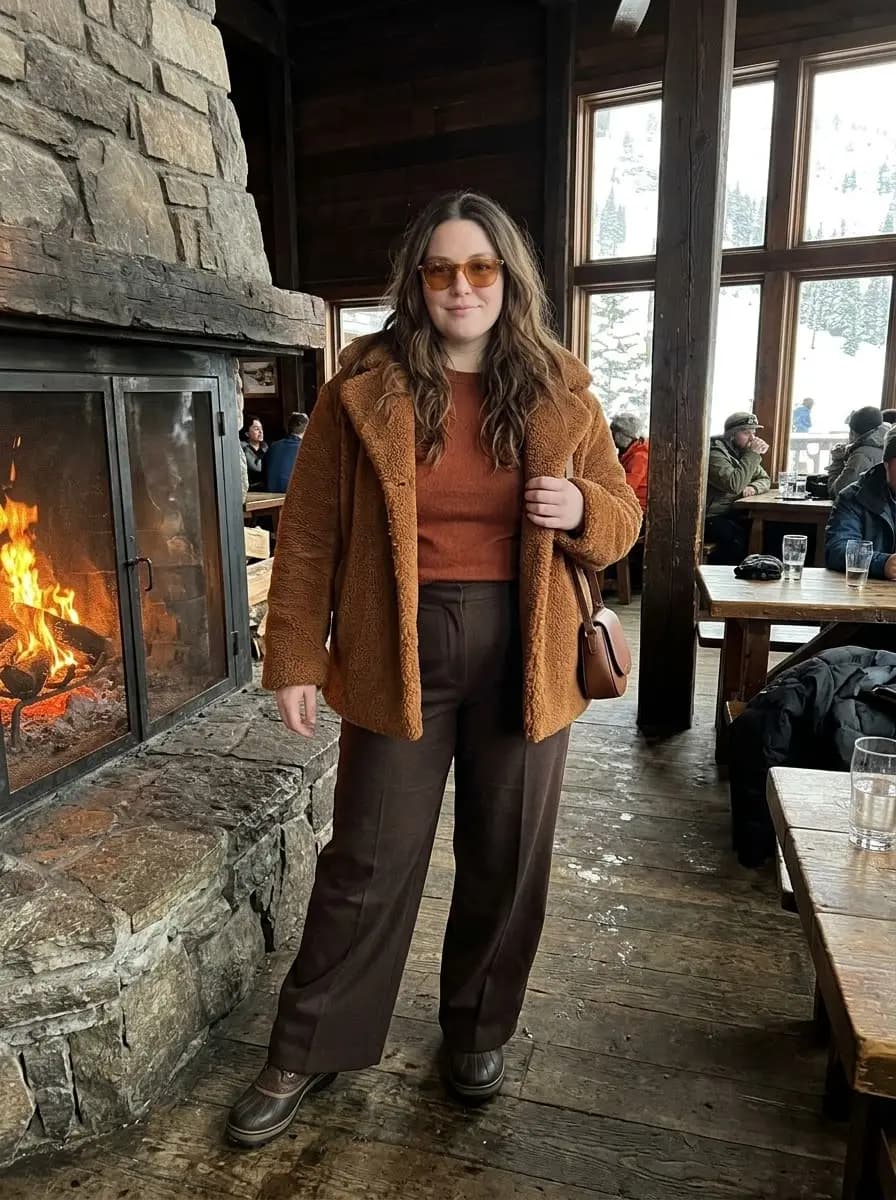 Brown Sherpa Jacket with Rust Top & Brown Trousers