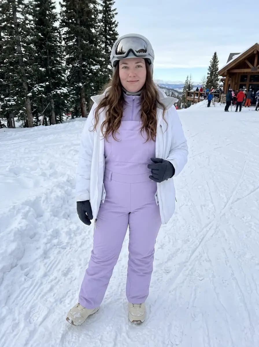 White Puffer Jacket with Lavender Snow Overalls