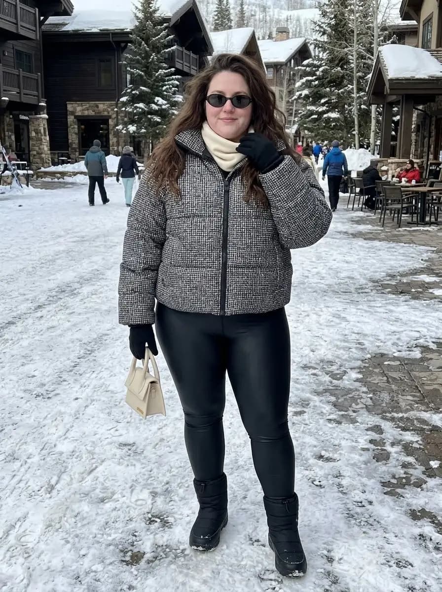 Black & White Houndstooth Puffer with Cream Turtleneck & Black Leggings