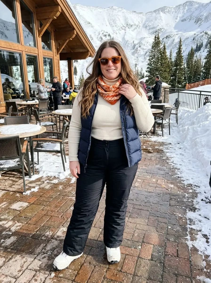 Navy Puffer Vest with Cream Turtleneck & Black Snow Pants