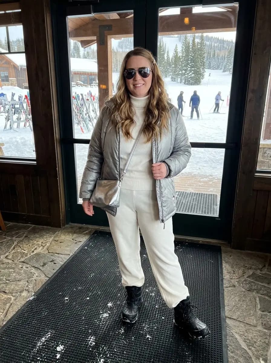 Metallic Silver Puffer Jacket with Cream Knit Set