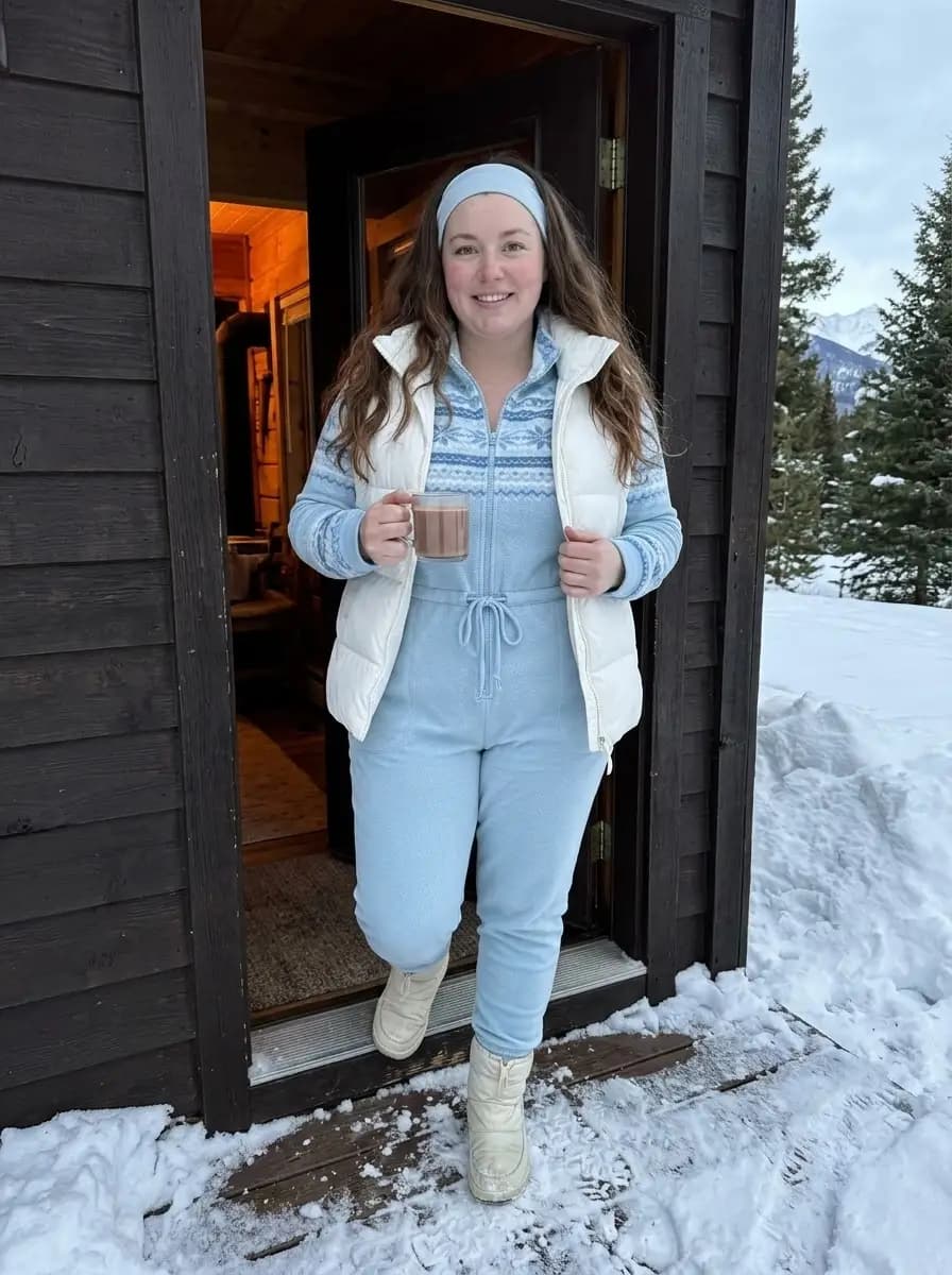 White Puffer Vest & Light Blue Fair Isle Jumpsuit