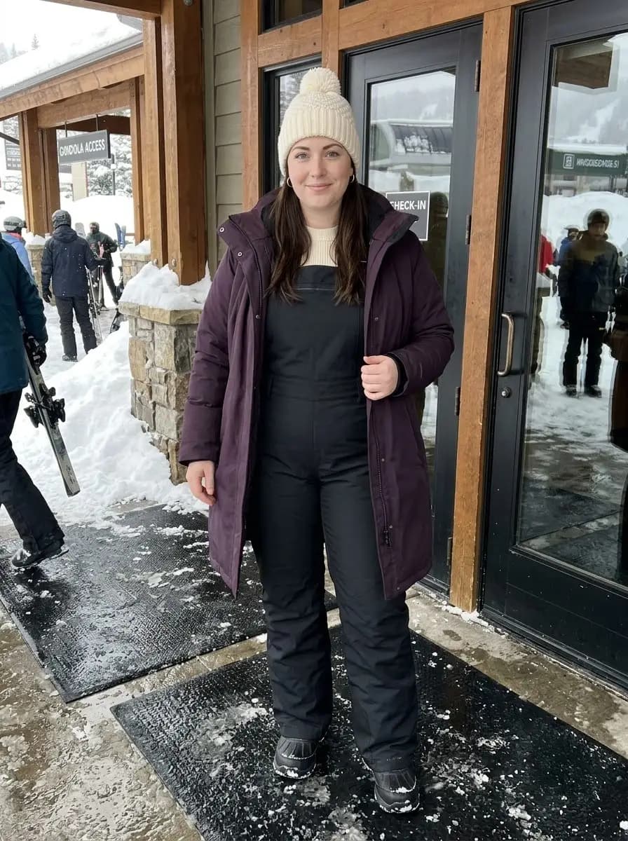 Burgundy Puffer Coat with Black Snow Overalls & Cream Knit Sweater