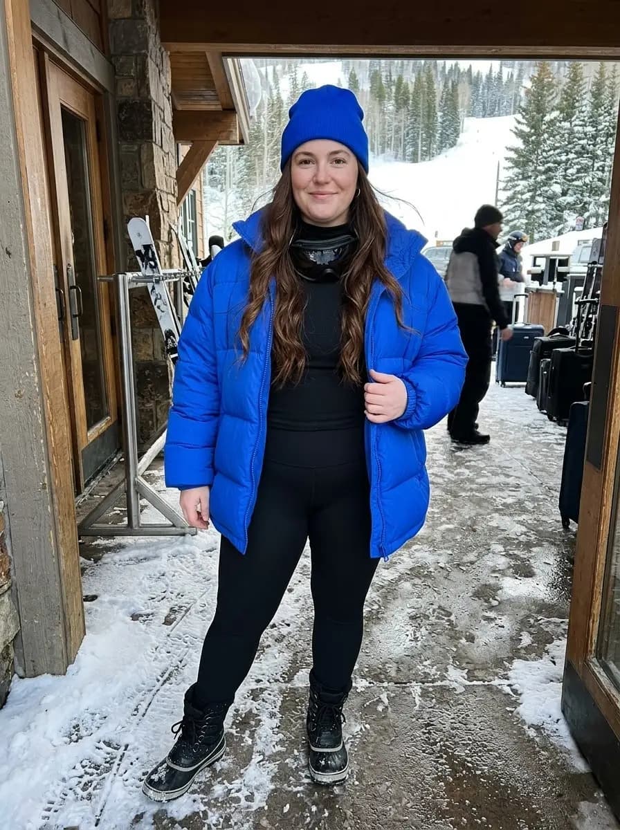 Bright Blue Puffer Jacket with Black Turtleneck & Leggings