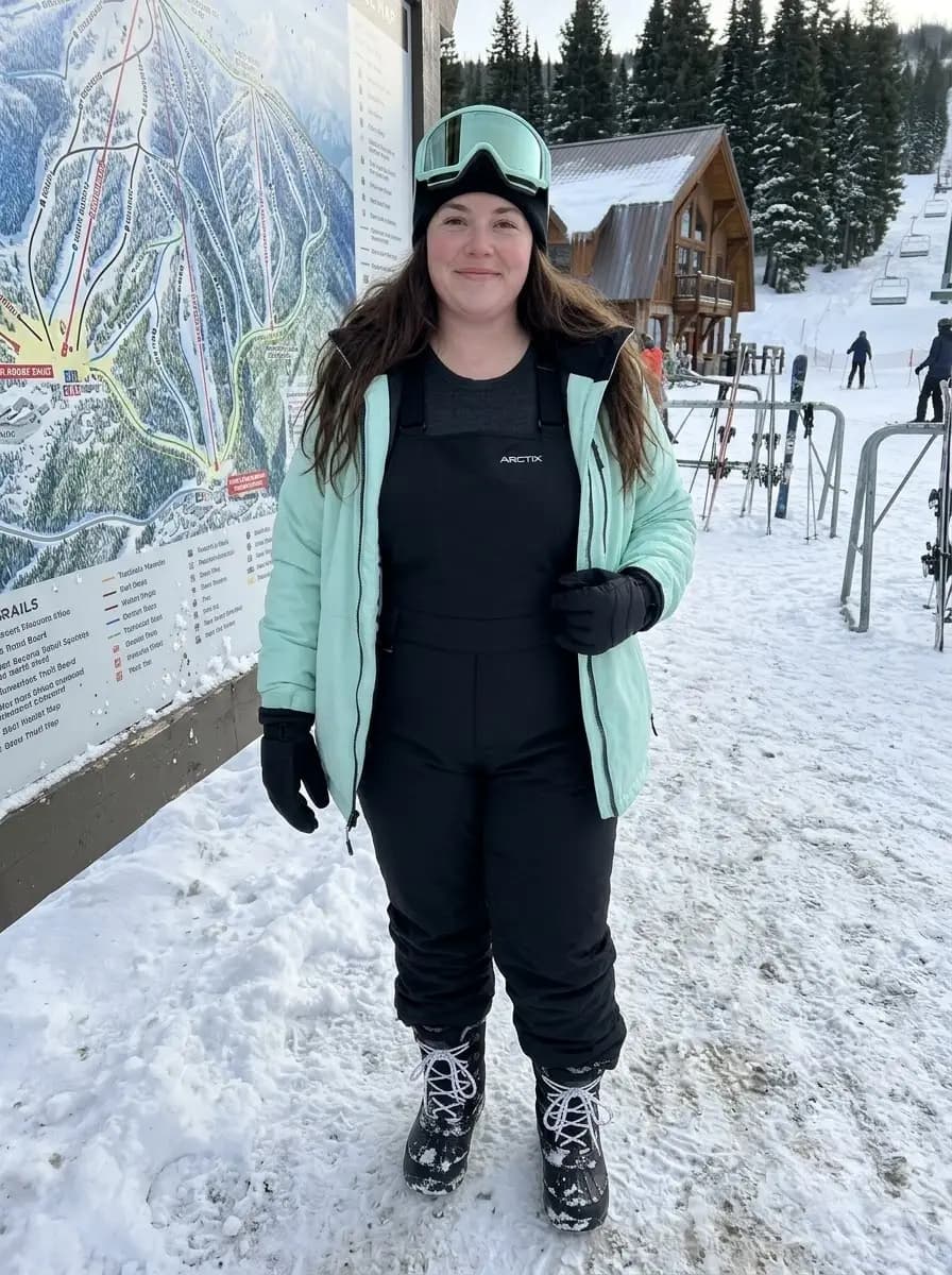 Mint Green Puffer Jacket with Black Snow Overalls