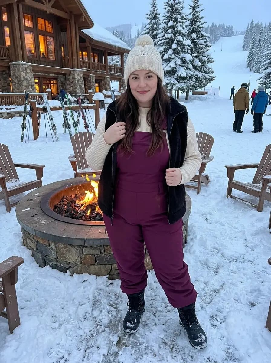 Black Fur Vest with Cream Knit Sweater & Burgundy Snow Overalls