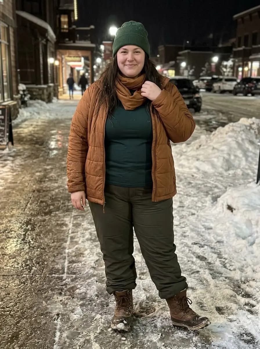 Brown Puffer Jacket with Dark Green Top & Olive Green Snow Pants