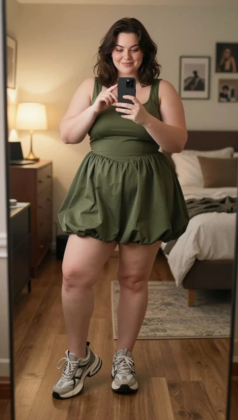 Olive Bubble Hem Mini Dress + Grey and White Chunky Sneakers