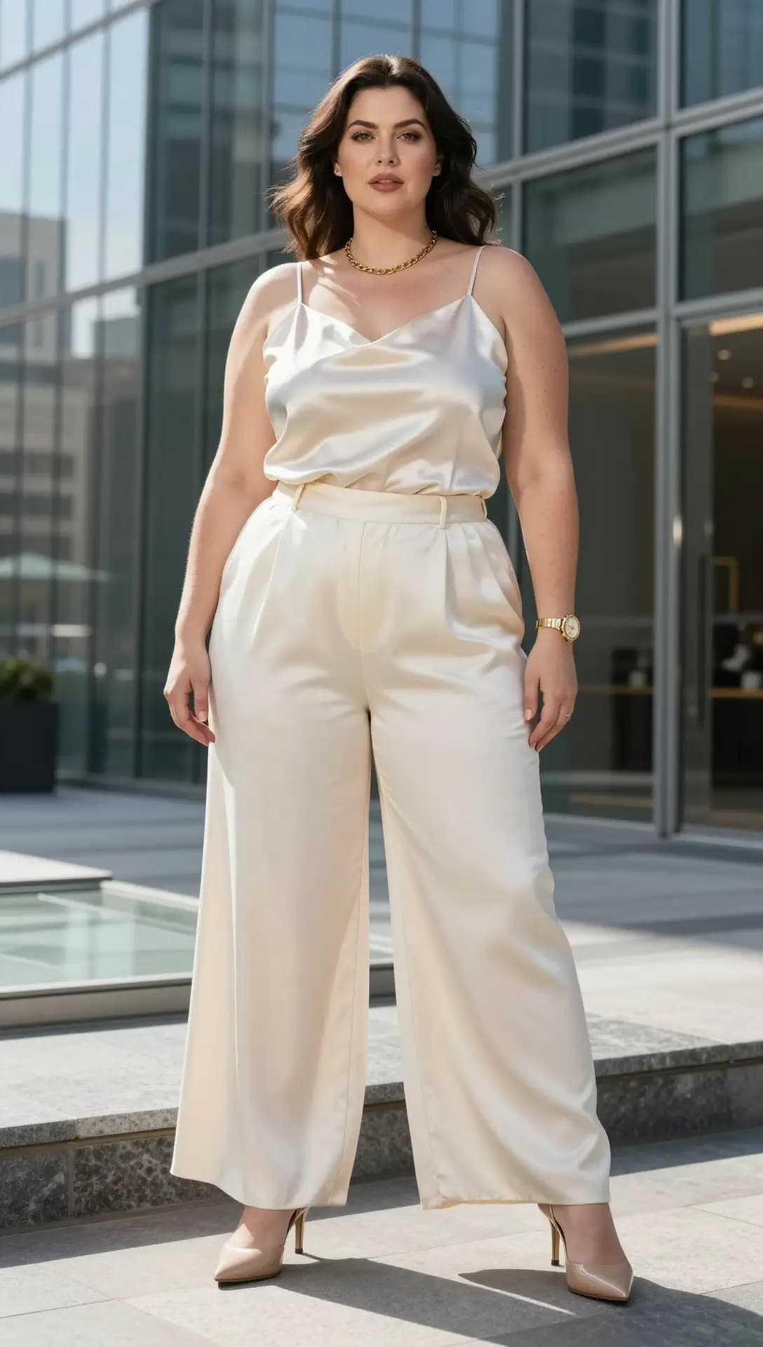 Cream Satin Camisole + Cream Satin Wide-Leg Trousers