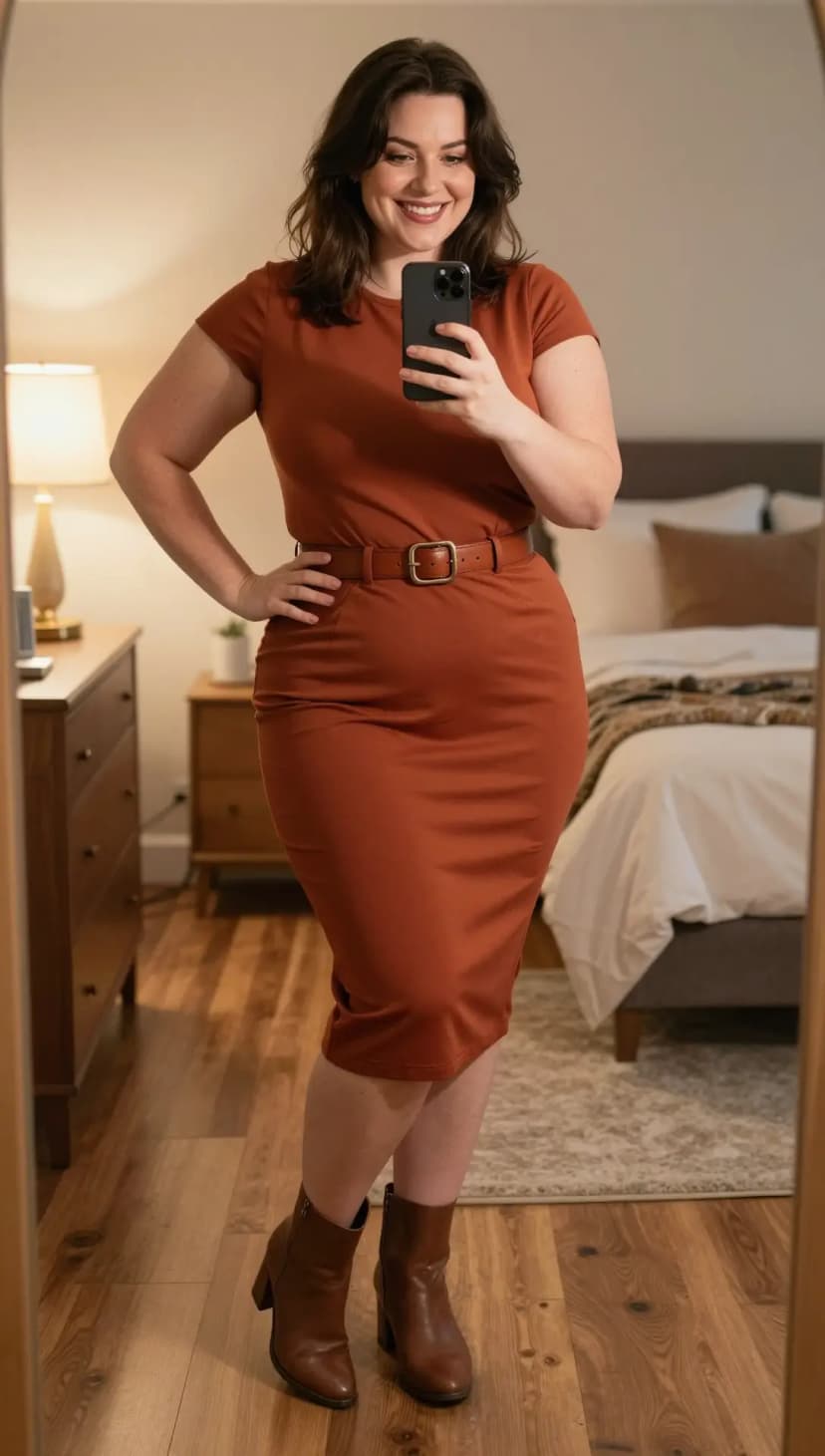 Rust Knit Midi Dress + Brown Leather Belt + Brown Leather Ankle Boots
