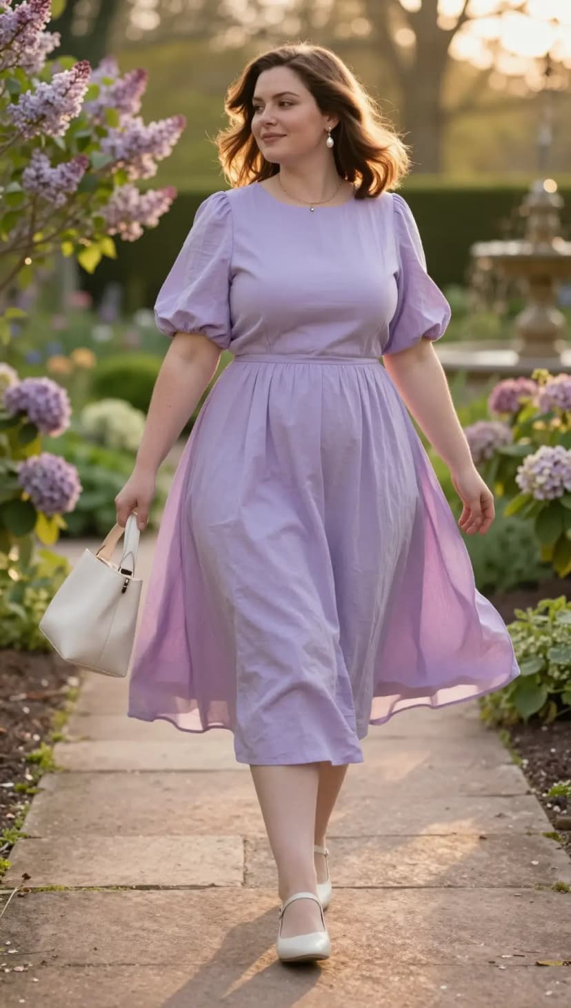 Lavender Cotton Puff Sleeve Midi Dress + White Leather Bucket Bag + White Mary Jane Flats