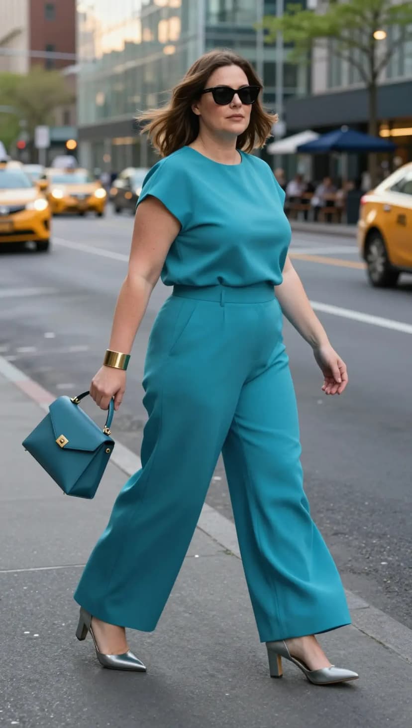 Teal Crepe Cap Sleeve Top + Teal Crepe Wide-Leg Trousers + Silver Pointed-Toe Heels