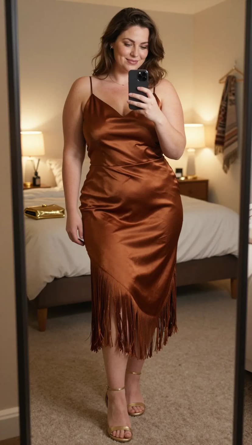 Bronze Satin Fringe Midi Dress + Gold Strappy Heels