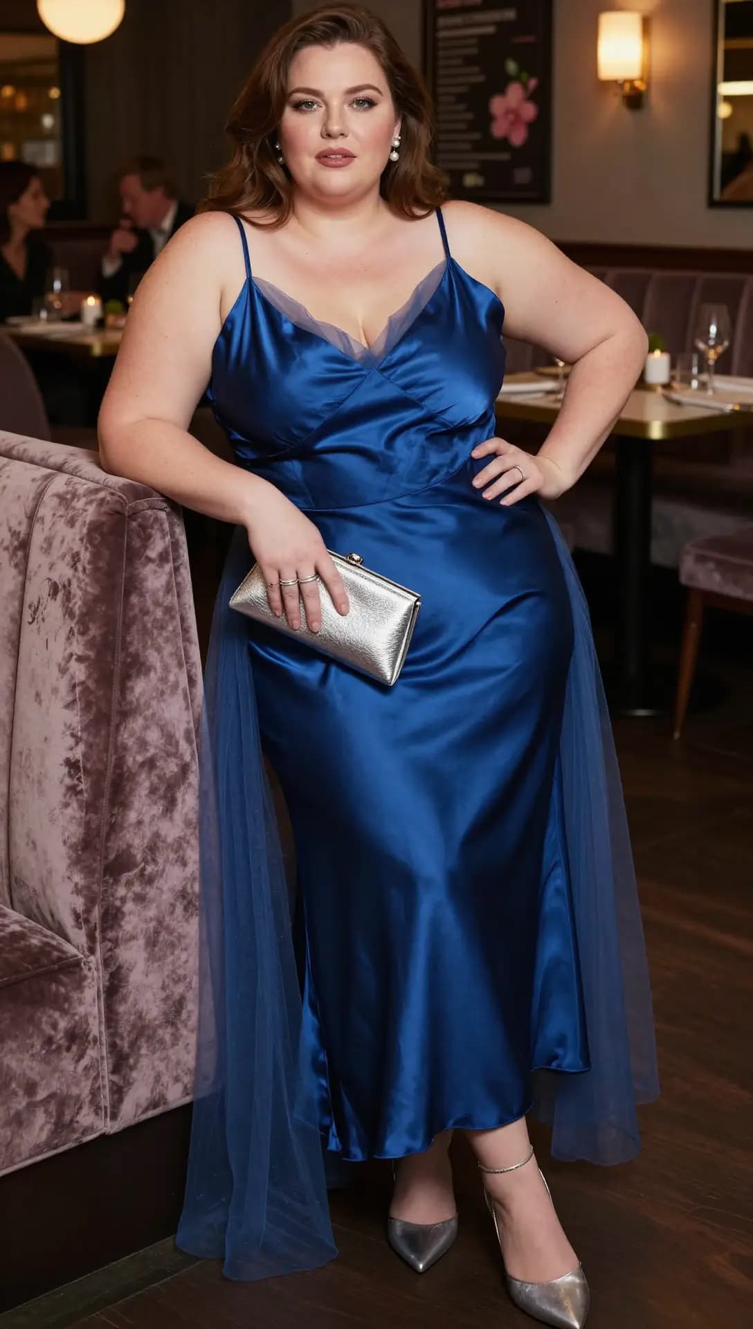 Blue Satin Slip Dress + Sheer Blue Tulle Overlay + Silver Metallic Heels + Silver Metallic Clutch