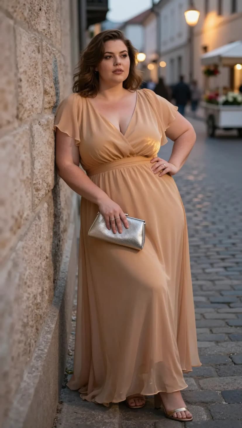 Nude Chiffon Maxi Dress + Gold Strappy Heels + Silver Metallic Clutch