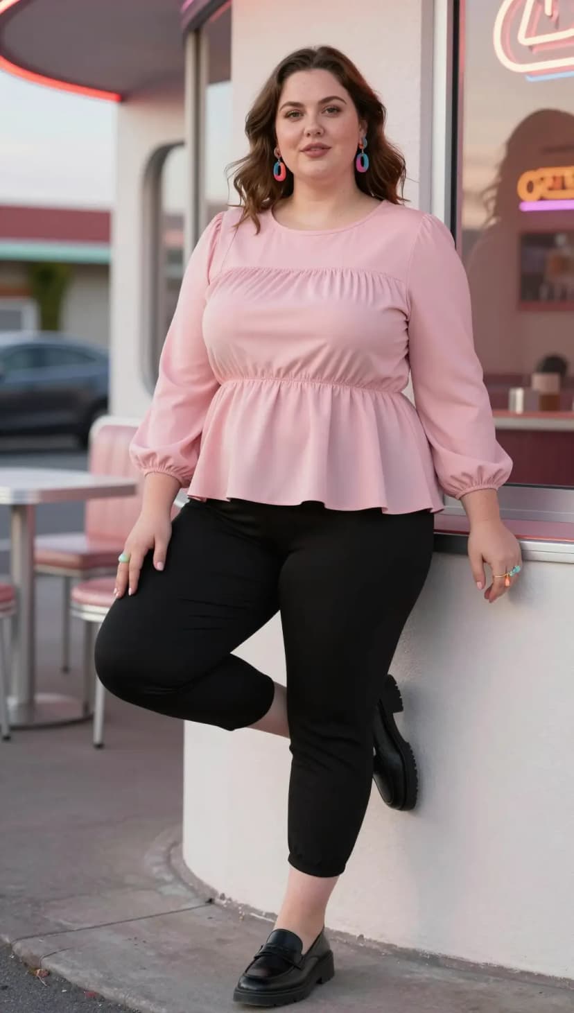 Pink Peplum Blouse + Black Cropped Trousers + Black Loafers