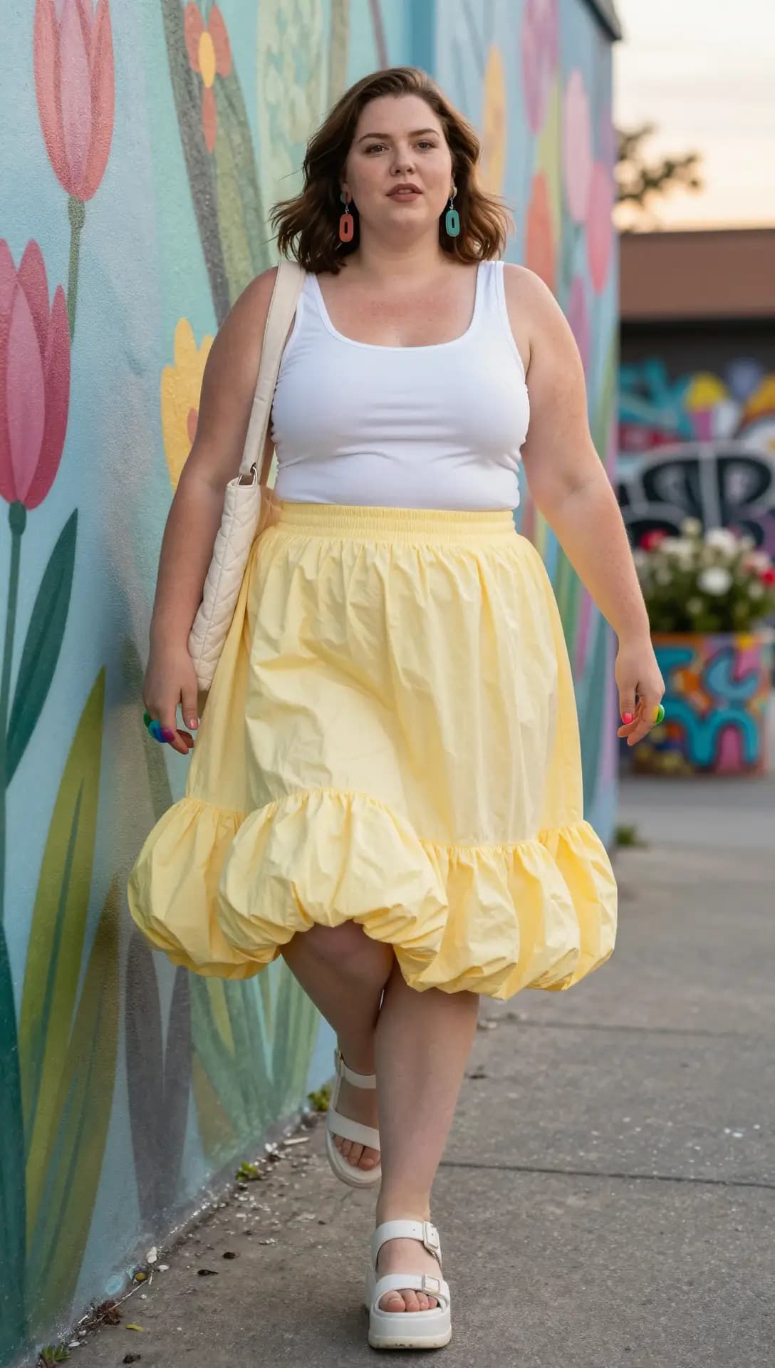 White Tank Top + Yellow Bubble Skirt + White Platform Sandals