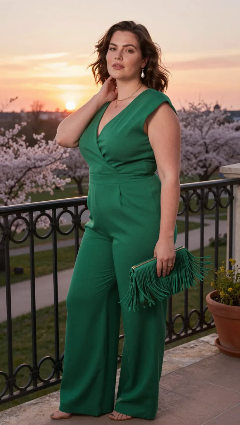 Emerald Green Jersey Jumpsuit + Emerald Green Fringed Clutch + Pearl Drop Earrings
