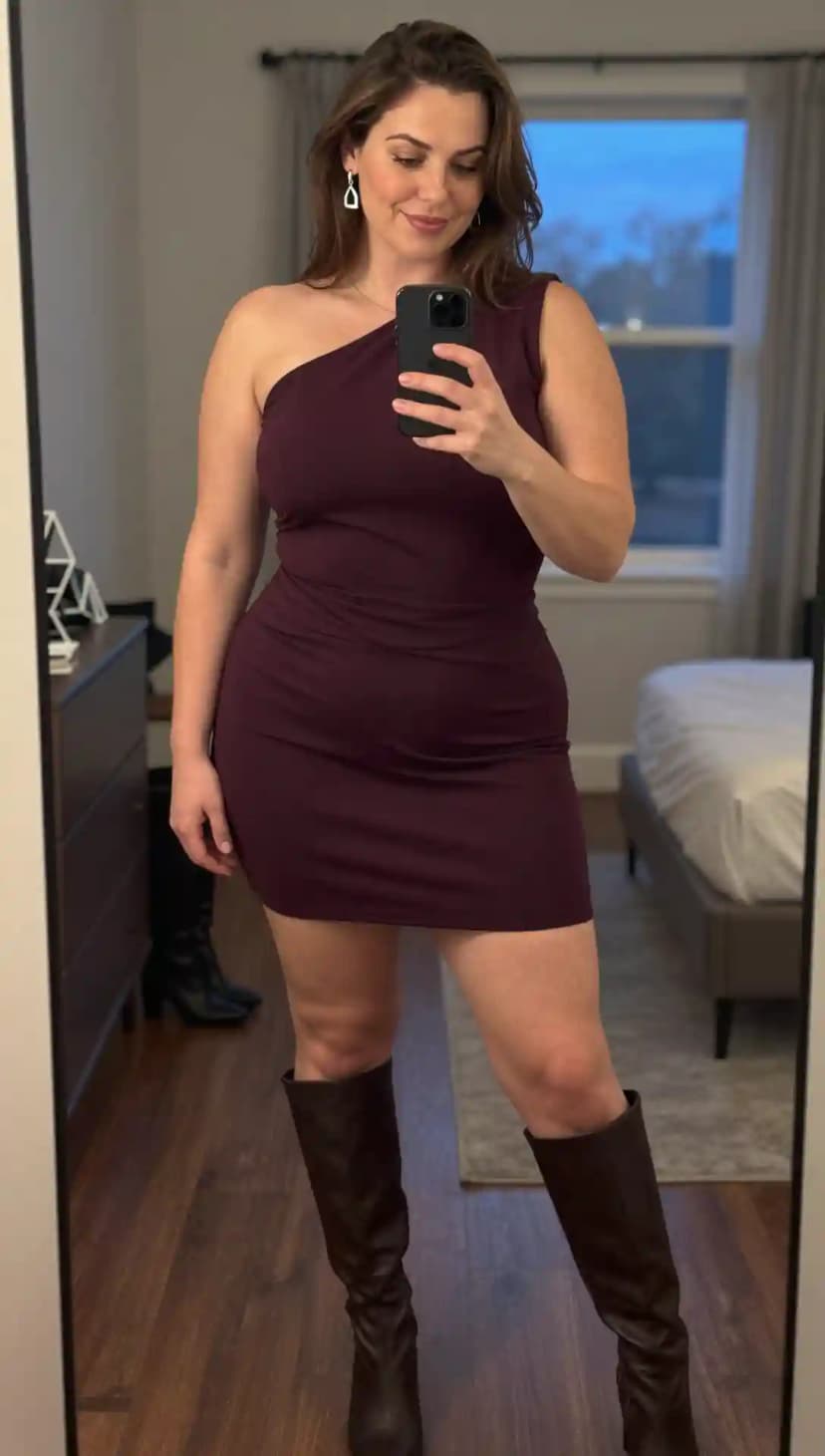 Burgundy Jersey One-Shoulder Mini Dress + Brown Leather Knee-High Boots