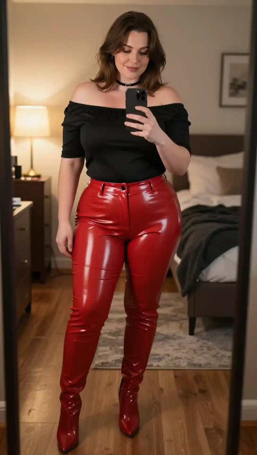 Black Off-The-Shoulder Top + Red Vinyl Trousers + Red Vinyl Boots