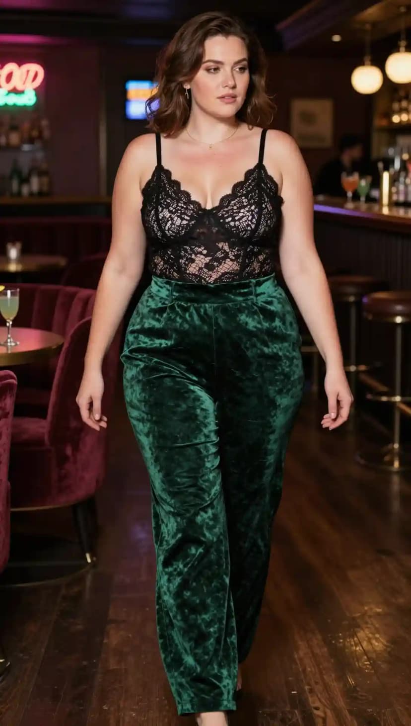 Black Lace Bodysuit + Emerald Velvet Trousers