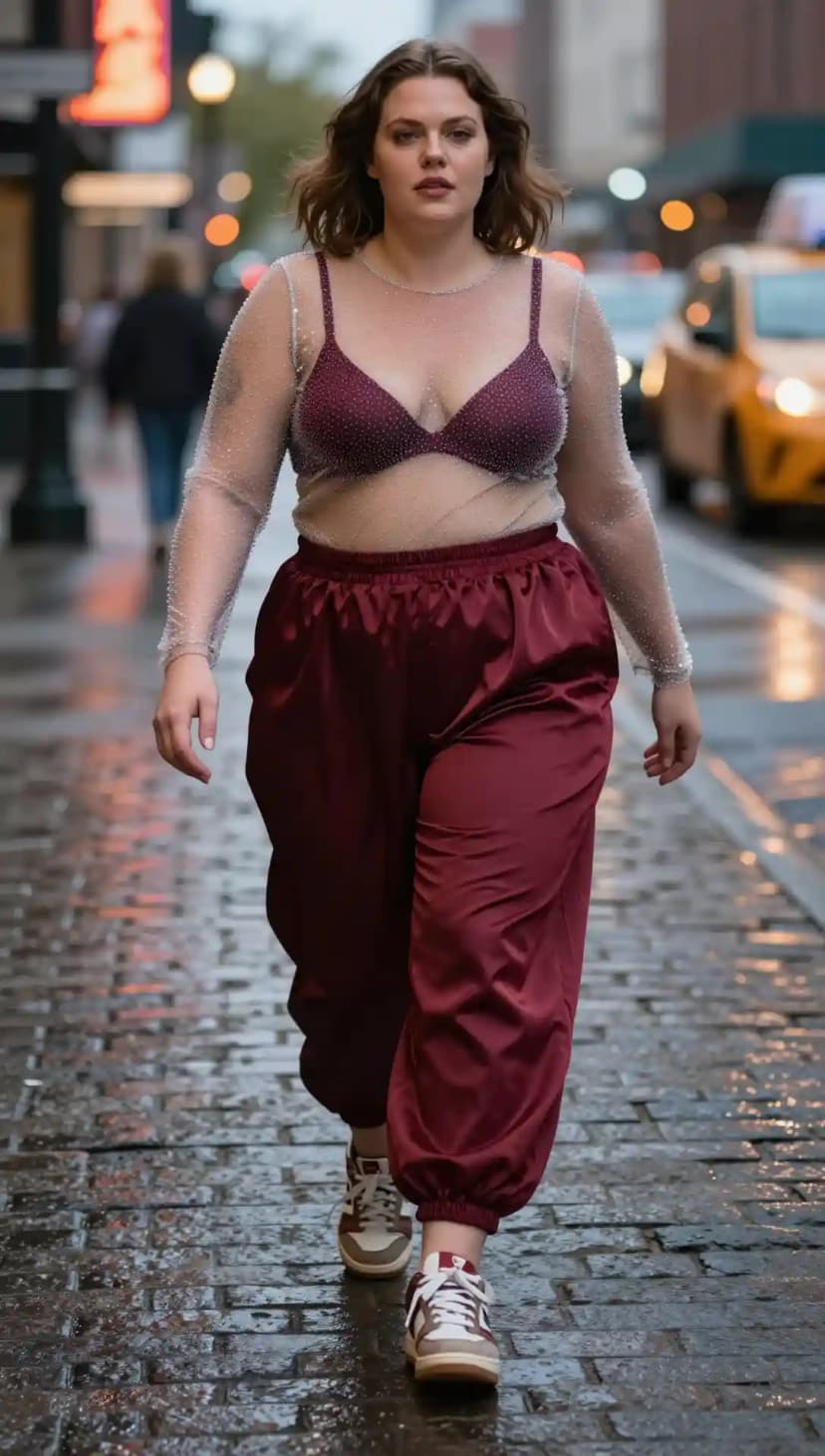 Burgundy Sequin Bralette + Sheer Beaded Long Sleeve Top + Burgundy Satin Joggers
