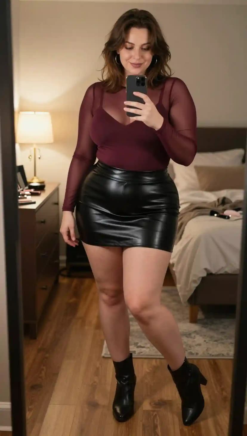 Burgundy Mesh Long Sleeve Top + Black Faux Leather Mini Skirt + Black Heeled Ankle Boots