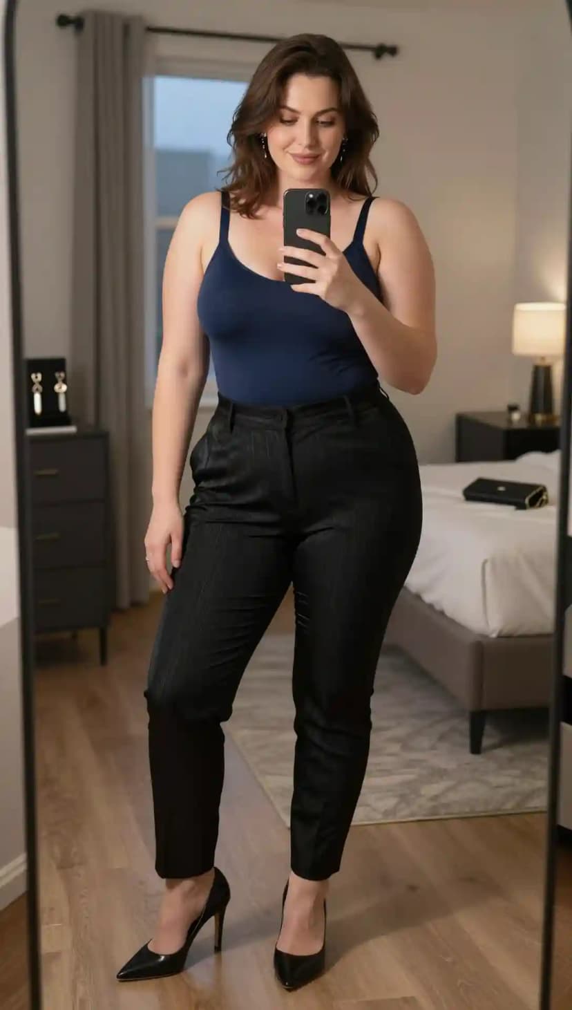 Navy Tank Top + Black Pinstripe Trousers + Black Heels