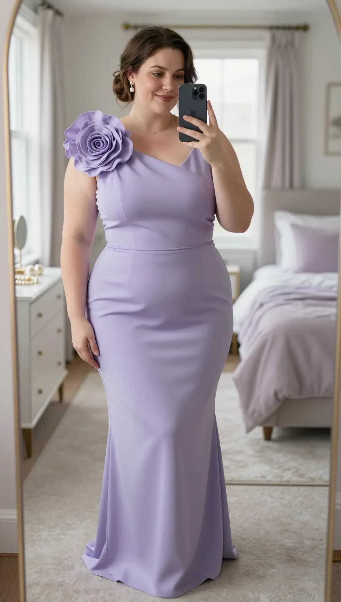 Lavender One-Shoulder Gown with Rose Detail + Pearl Drop Earrings