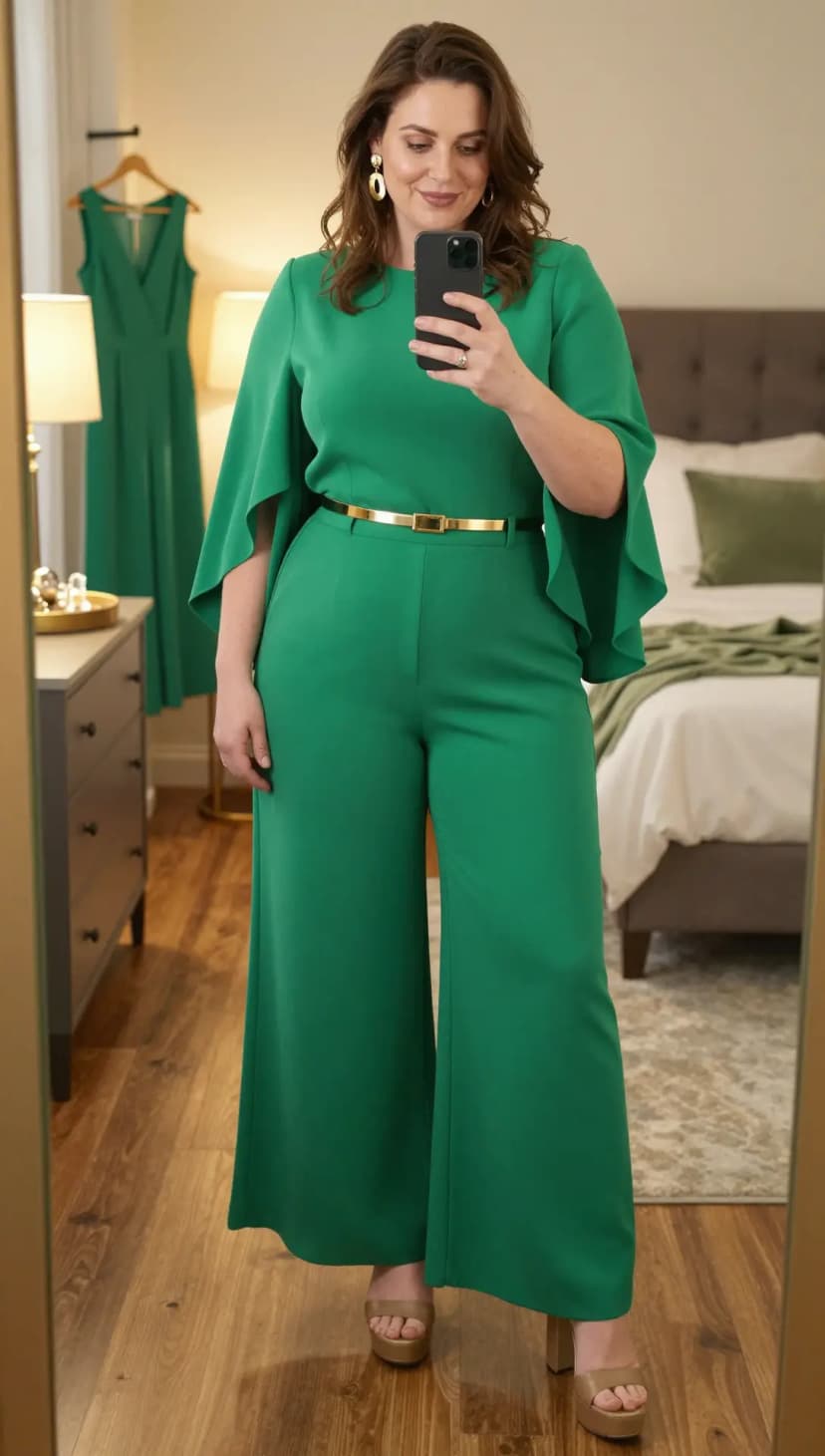 Green Crepe Jumpsuit + Gold Metallic Belt + Gold Platform Sandals