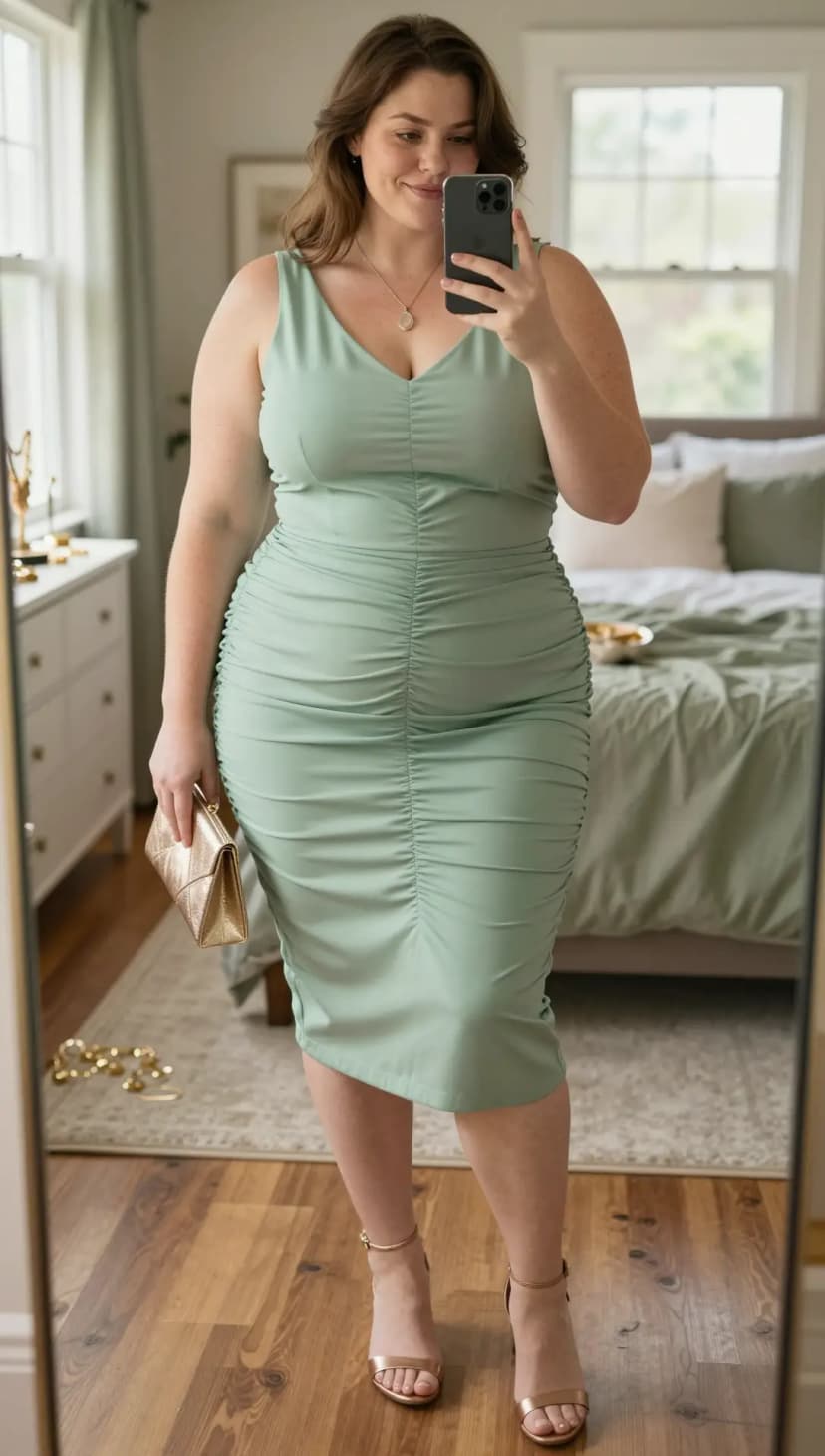 Mint Green Ruched Midi Dress + Rose Gold Strappy Heels + Rose Gold Clutch