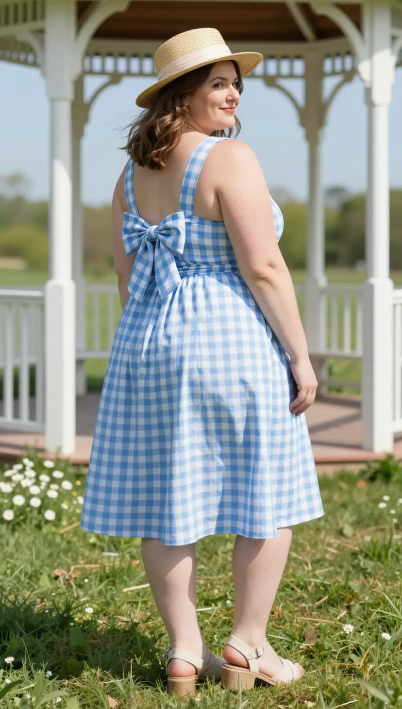 Blue Gingham Cotton Midi Dress
