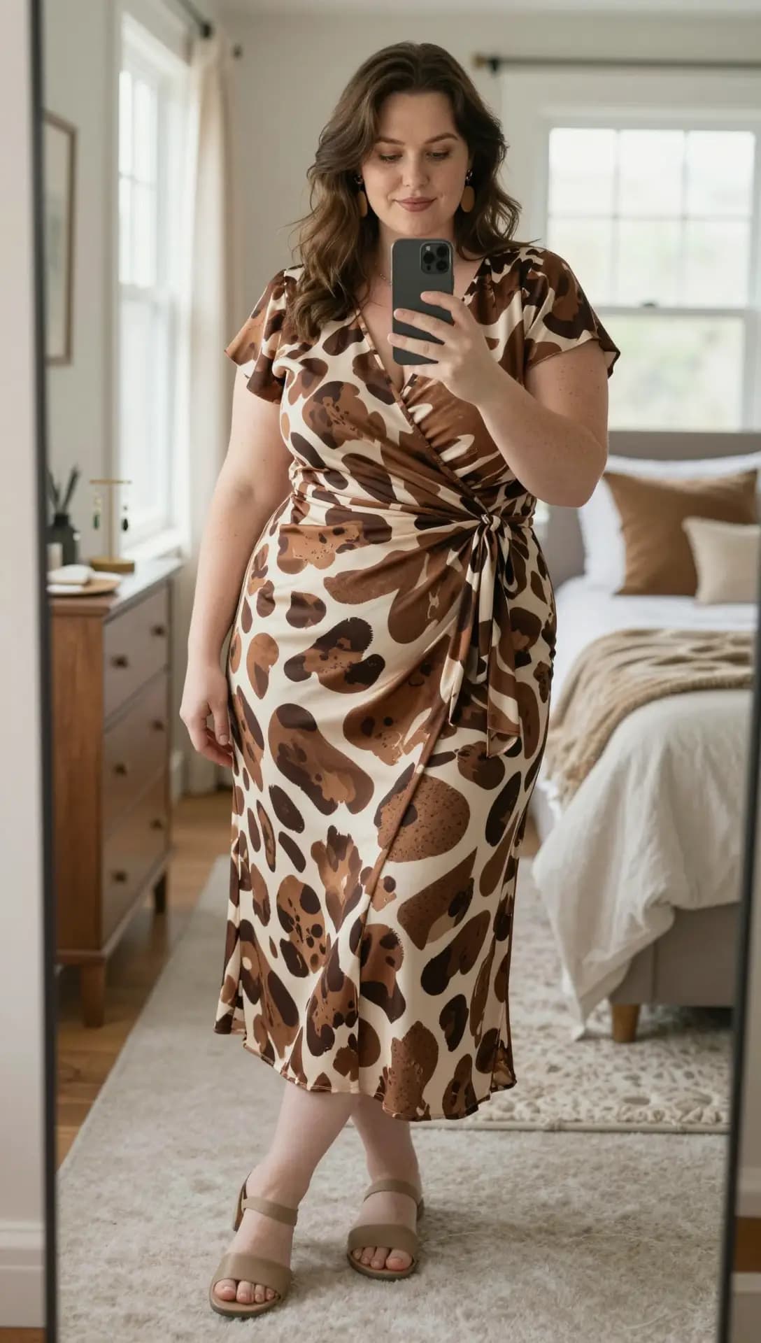 Beige Animal Print Satin Wrap Midi Dress + Taupe Strappy Heeled Sandals