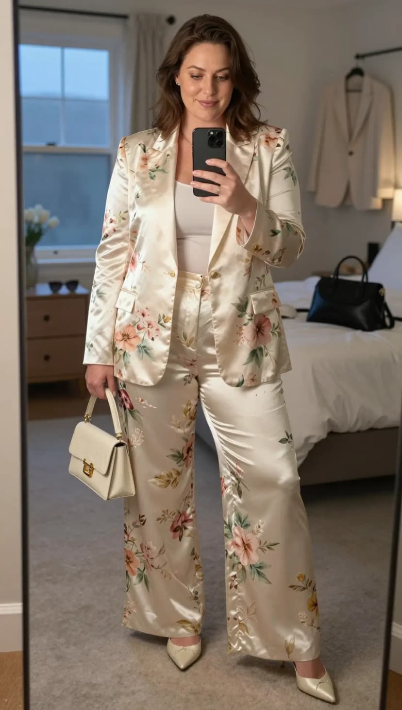 Cream Floral Print Satin Blazer + Cream Floral Print Satin Wide-Leg Trousers + Cream Satin Pointed-Toe Heels