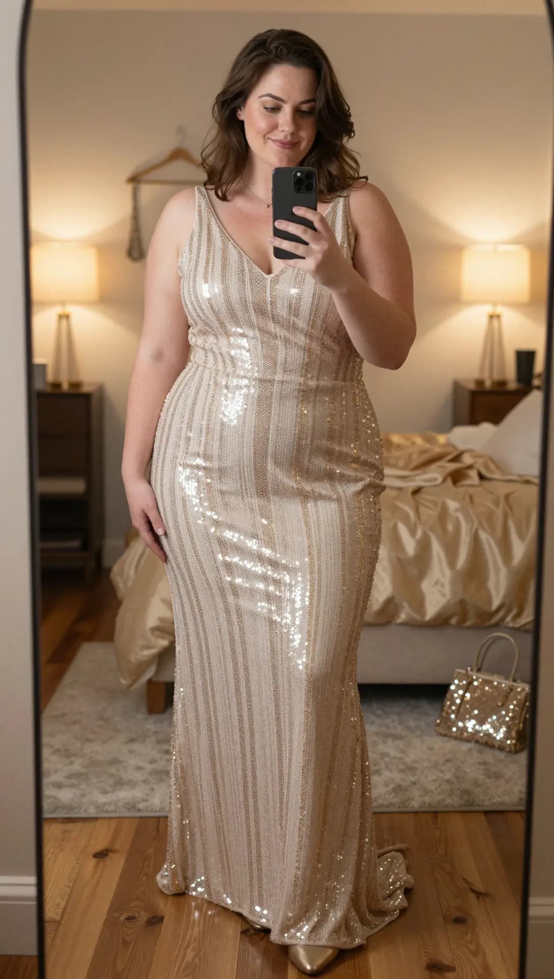 Champagne Sequin Striped Gown + Gold Pointed Toe Heels