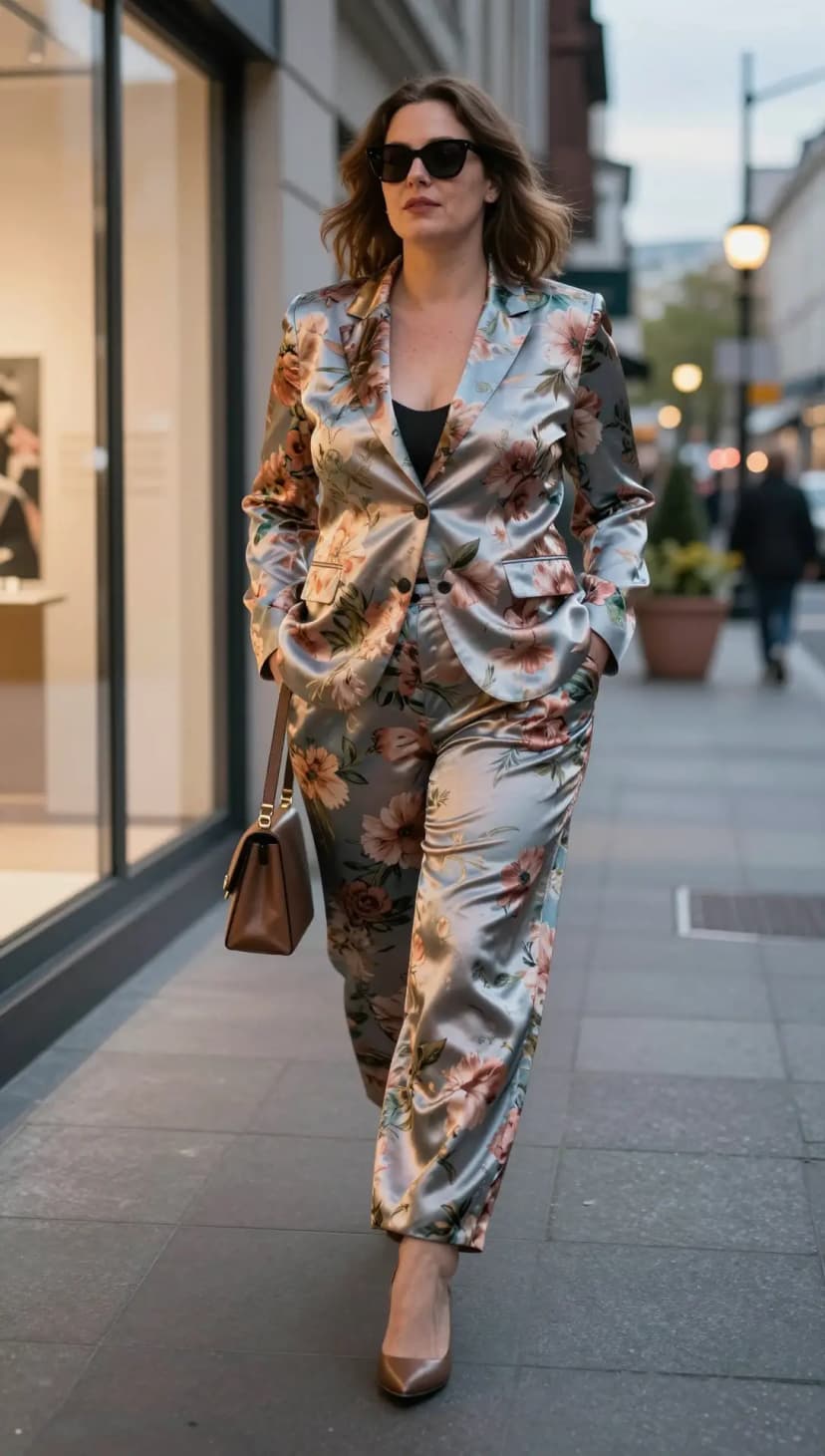 Light Blue Floral Satin Blazer + Light Blue Floral Satin Trousers + Black V-Neck Camisole + Tan Leather Shoulder Bag + Tan Pointed-Toe Heels