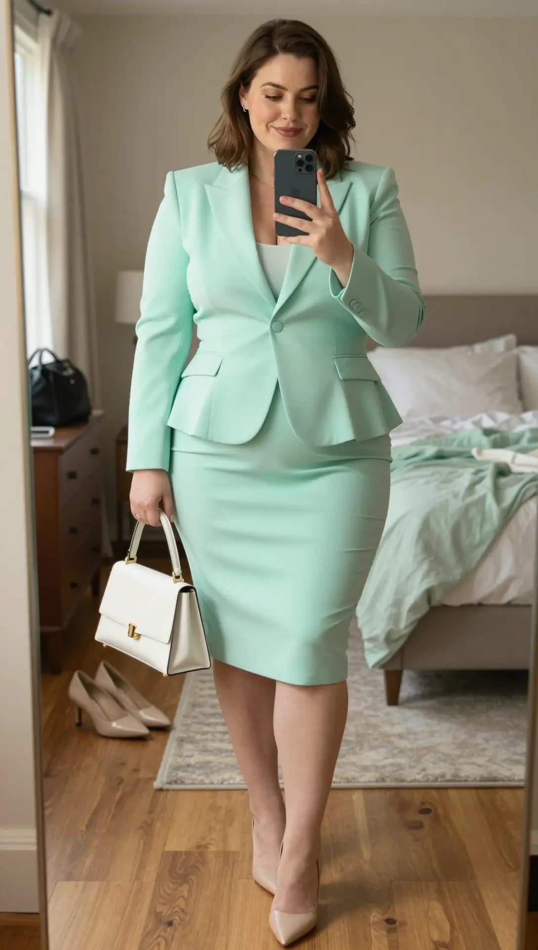 Mint Green Blazer + Mint Green Pencil Skirt + White Tank Top