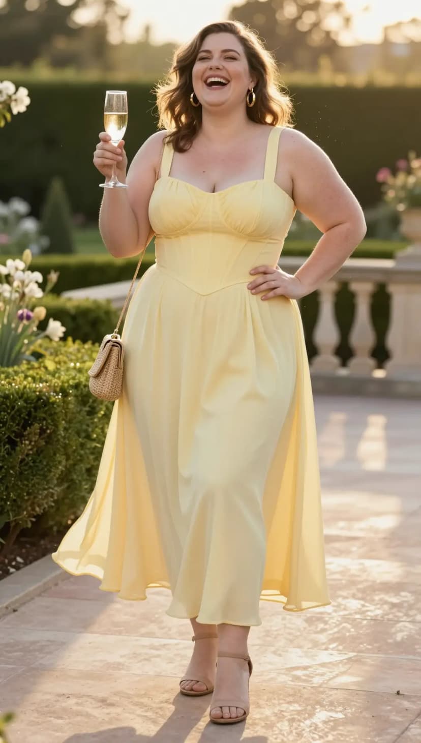 Pale Yellow Chiffon Corset Dress + Tan Strappy Heels + Straw Clutch