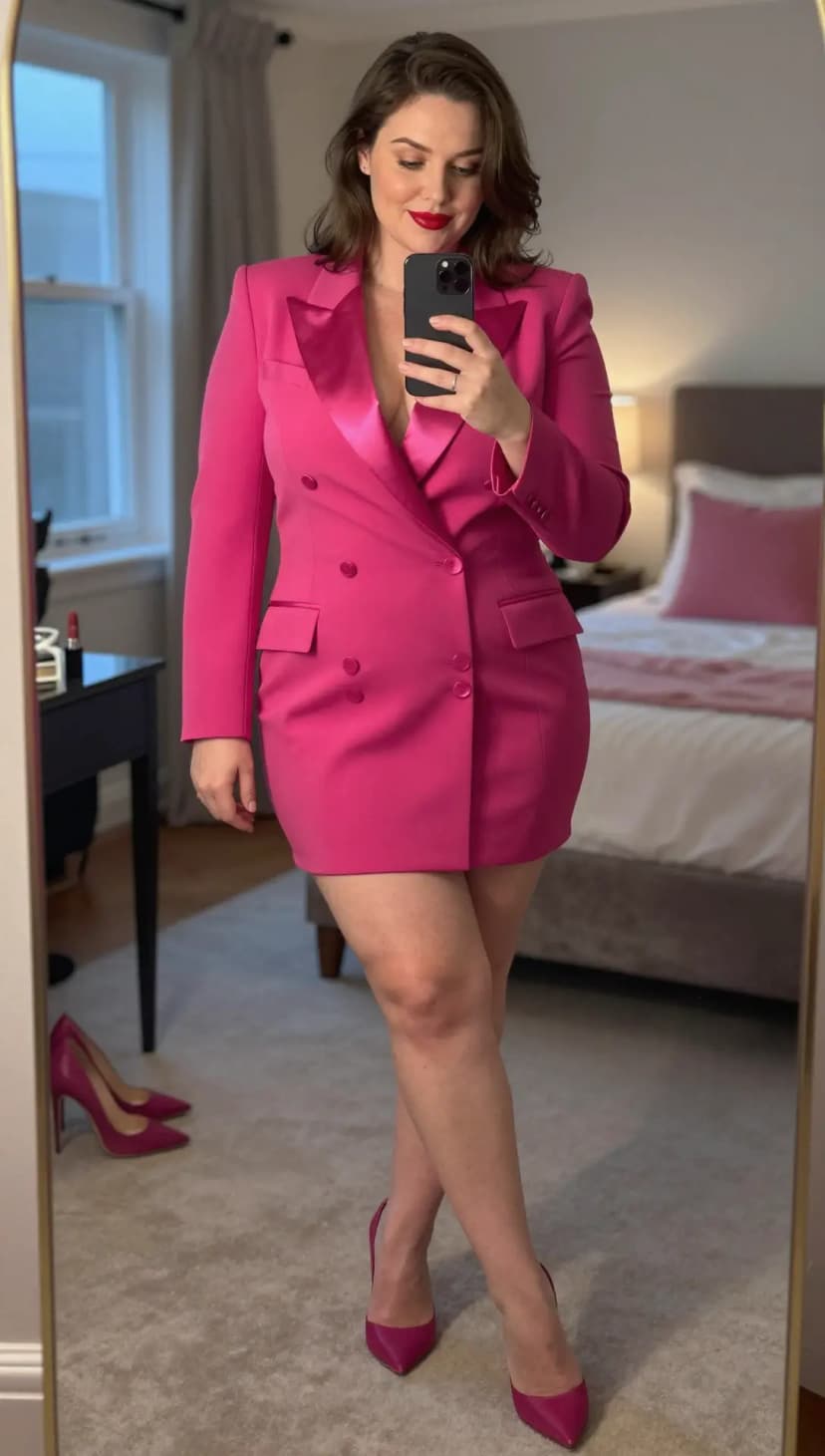Fuchsia Satin Lapel Blazer Dress + Fuchsia Pointed Toe Heels