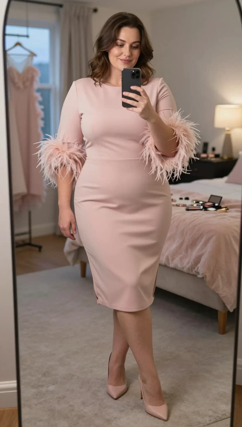 Blush Pink Feather Trim Midi Dress + Blush Pink Stiletto Heels