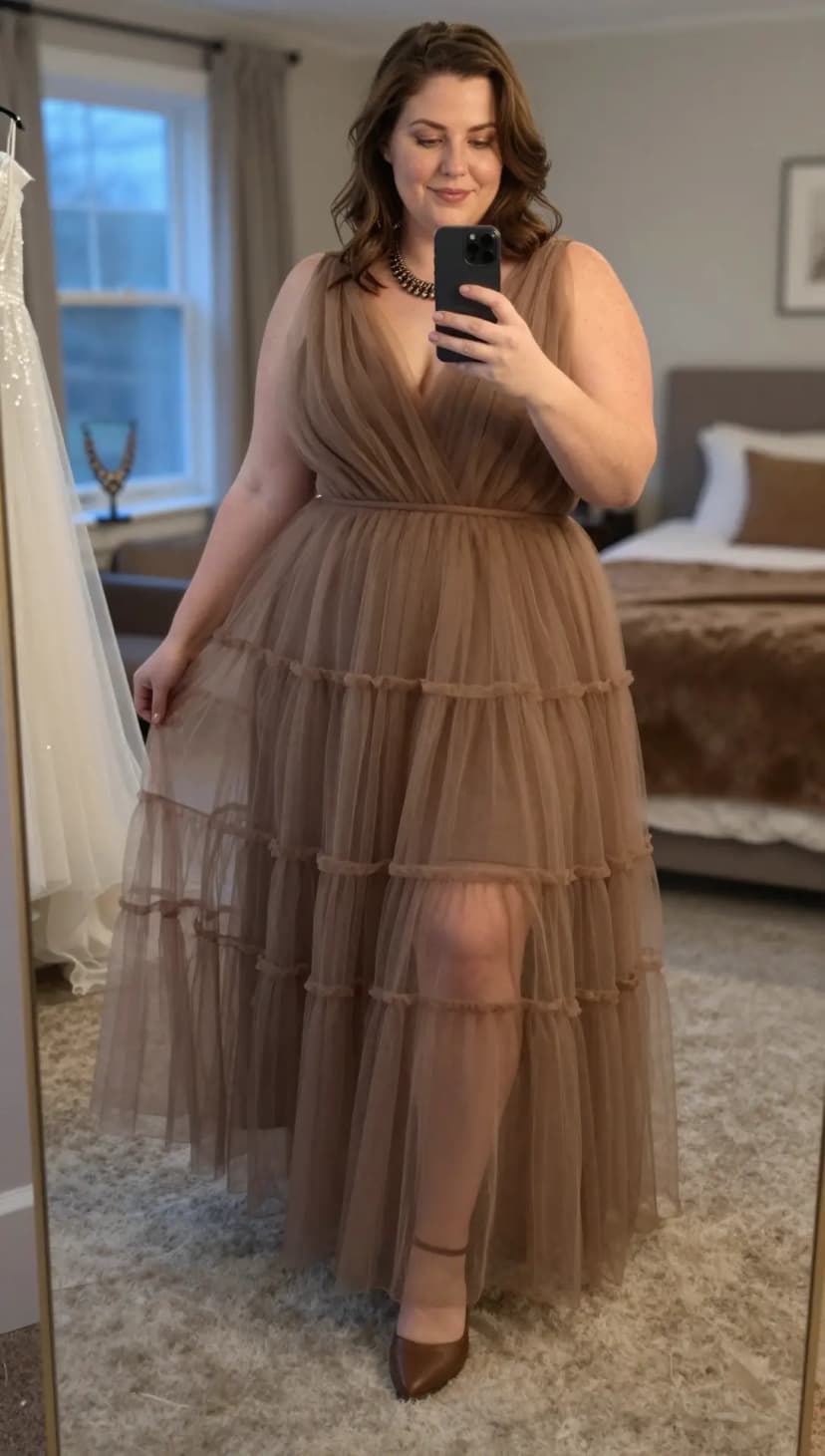 Brown Tulle Tiered Gown + Brown Ankle Strap Heels + Gold Statement Necklace