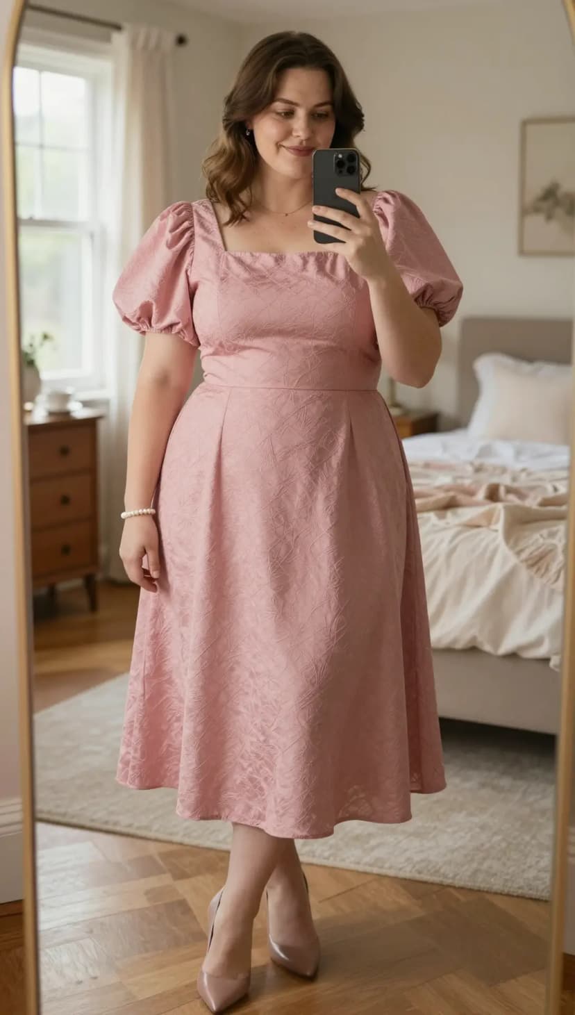 Dusty Rose Brocade Square Neck Dress + Nude Patent Pointed Toe Heels