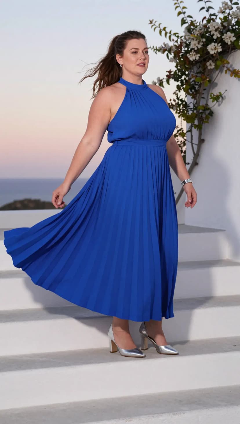 Royal Blue Pleated Chiffon Halter Dress + Silver Metallic Block Heels