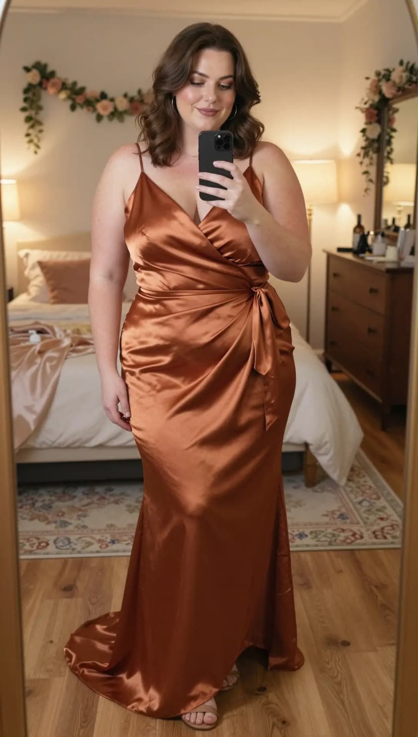 Bronze Satin Wrap Maxi Dress