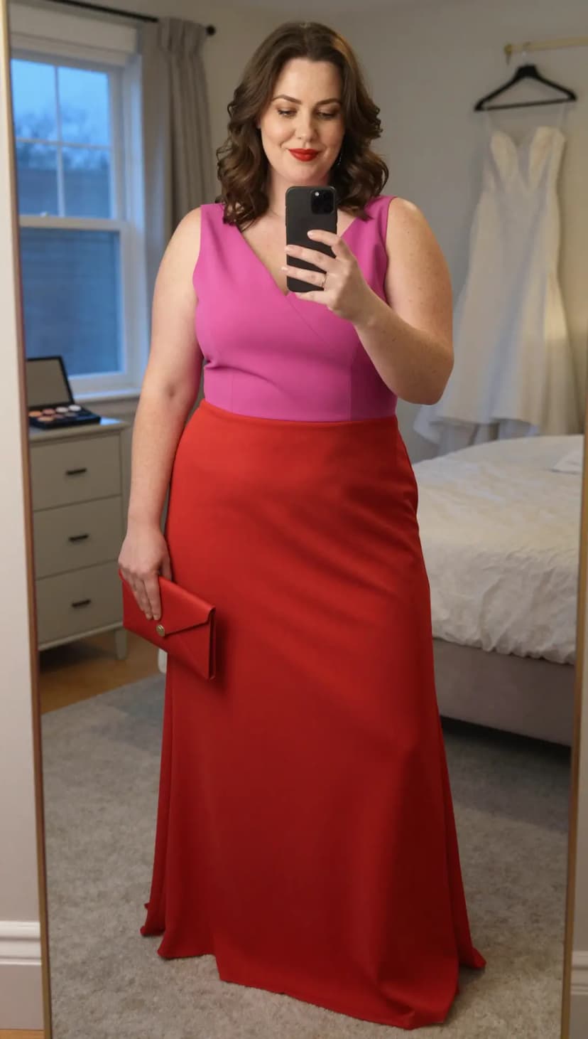 Fuchsia Sleeveless V-Neck Top + Red Crepe A-Line Skirt + Red Envelope Clutch